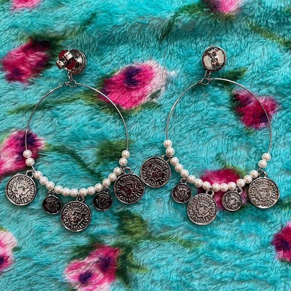 Joan Boyce Pearl & Coin Dangle Hoop Earrings - Picture 2 of 3